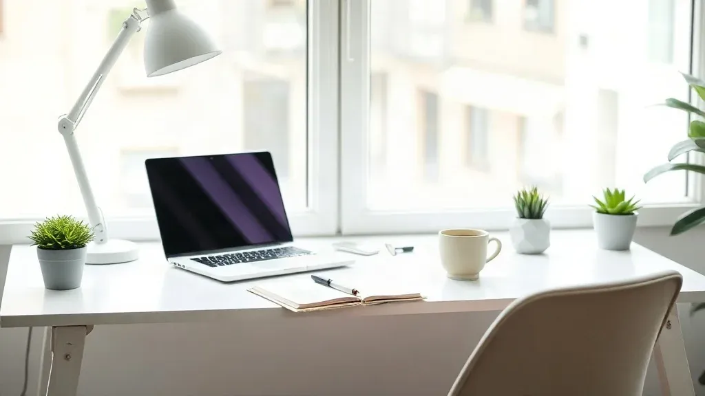 A tidy home office desk with a laptop, notepad, coffee, and a plant in natural light.