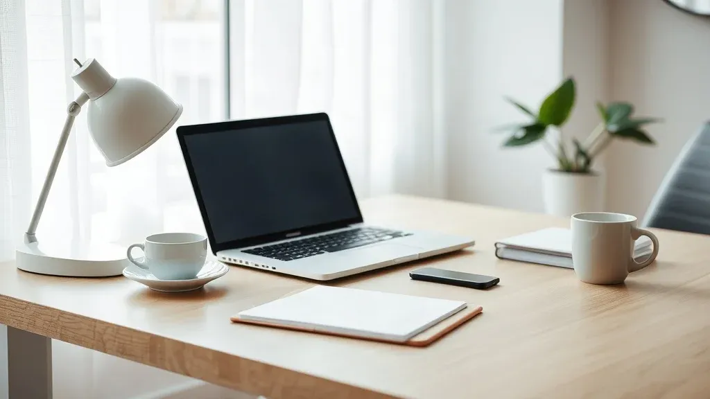 A tidy desk with a laptop, phone, notepad, and coffee cup in natural light.