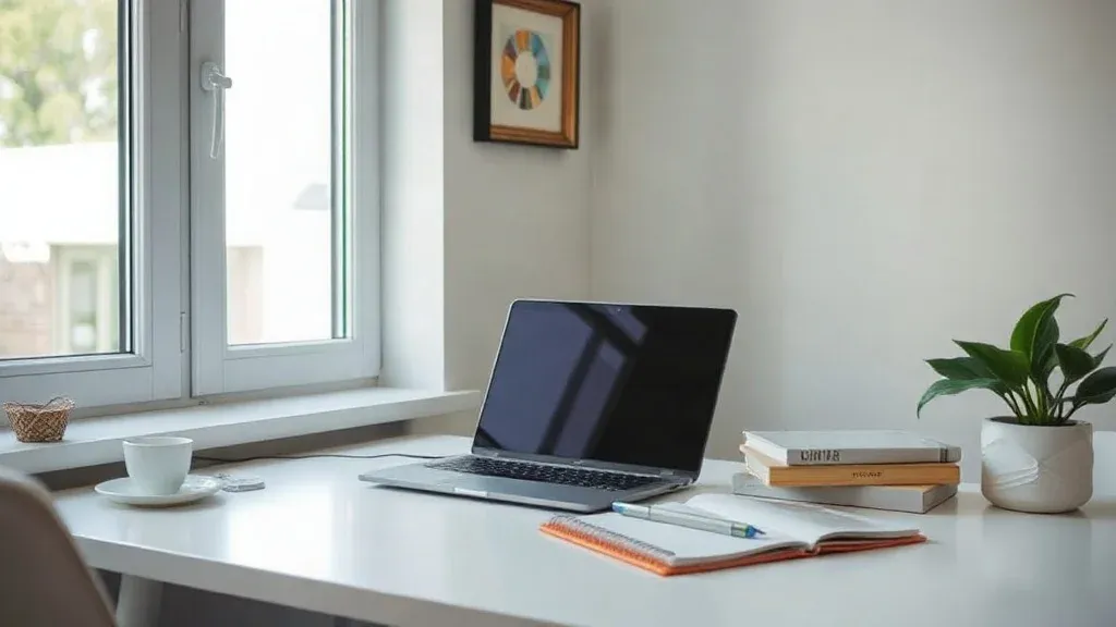 A bright home office desk with laptop, tablet, phone, notebook, and coffee mug arranged neatly.