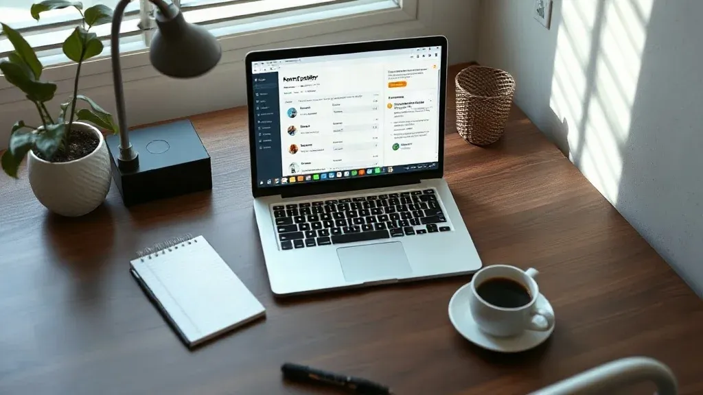 A solo creator's desk with a laptop, notepad, and coffee in natural light.