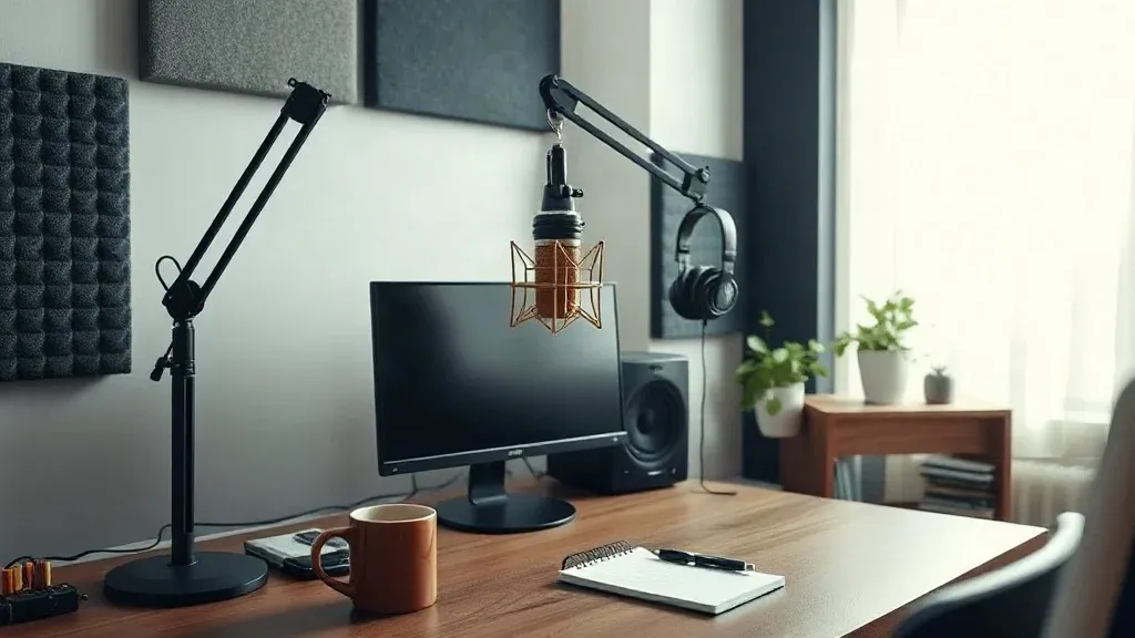 Home desk setup with microphone, headphones, computer, and acoustic panels for recording audio.