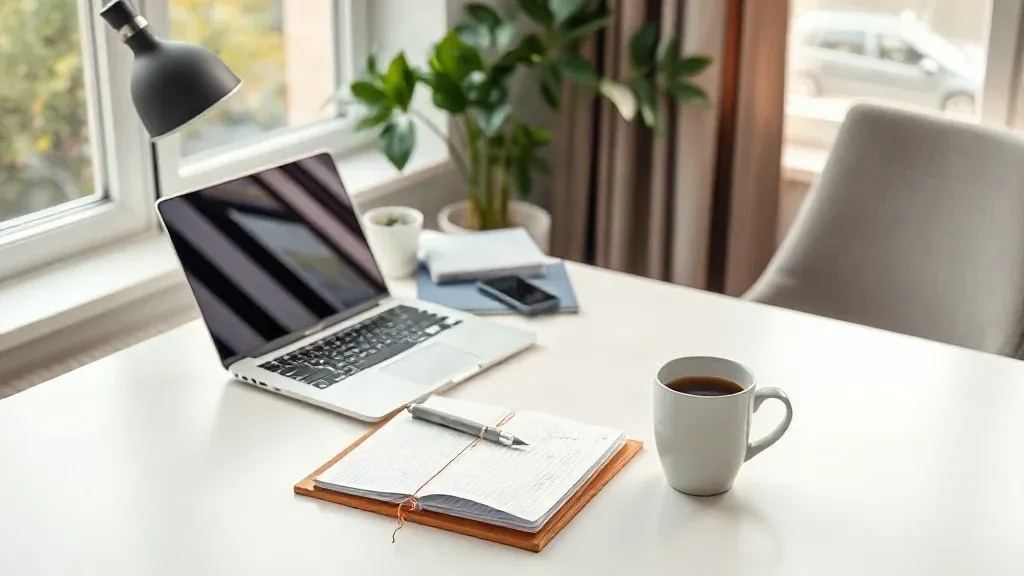A neat home office desk setup with laptop, notepad, and coffee cup in natural light.