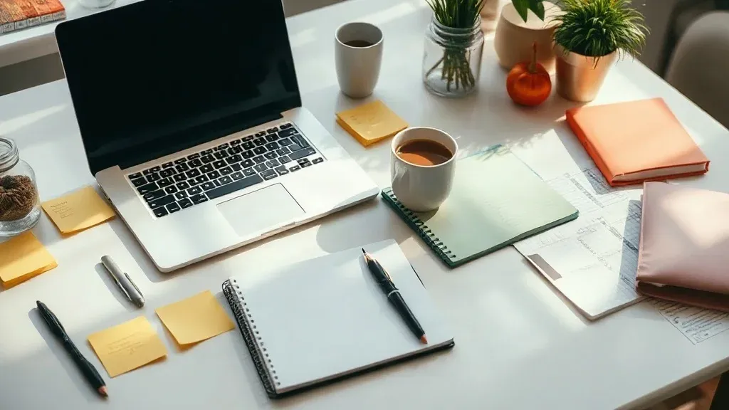 A neat solo creator's desk with a laptop, notebook, coffee, and planning materials.