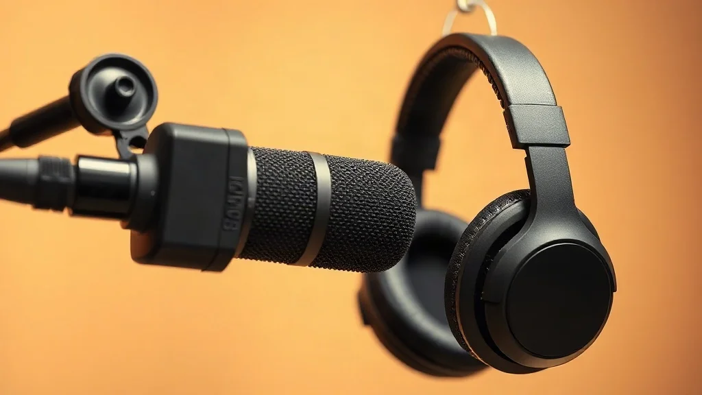 A dynamic microphone on a boom arm beside black over-ear headphones