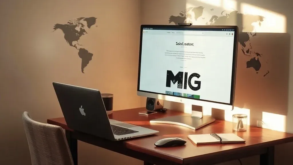 A solo creator's desk with laptop, monitor, and notepad, hinting at global web connections.