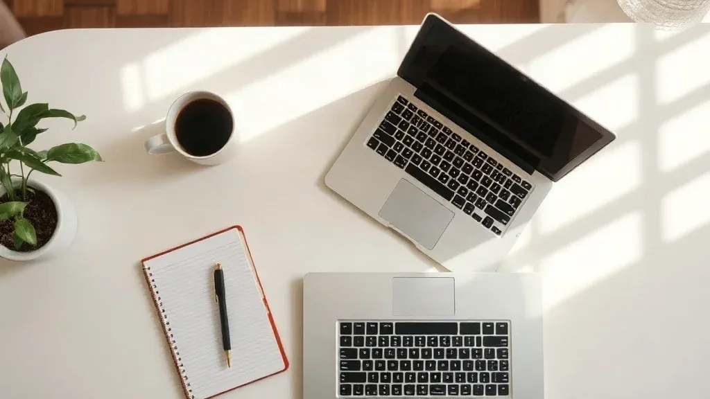 A clean desk with a laptop, notebook, and coffee mug in soft natural light.